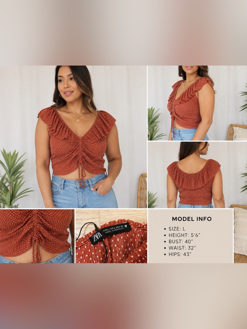 Zara Polka Dot Ruffle Crop Top Size L | Rust Orange Ruched Tie Front Boho